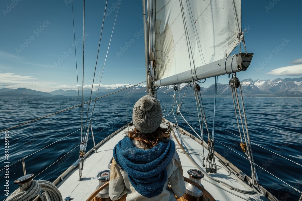 A person wearing a beanie is seen from behind while sailing a boat, surrounded by calm blue waters and majestic mountains under a clear blue sky. A person wearing a beanie is seen from behind while sailing a boat, surrounded by calm blue waters and majestic mountains under a clear blue sky.