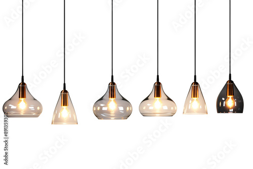 Six Contemporary Glass Pendant Lights Hanging Against a White Background on a Clear PNG or White Background.