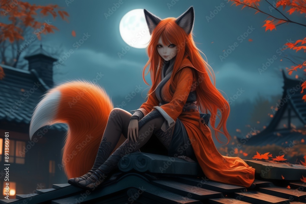 Fototapeta premium Kitsune Gazing at Full Moon