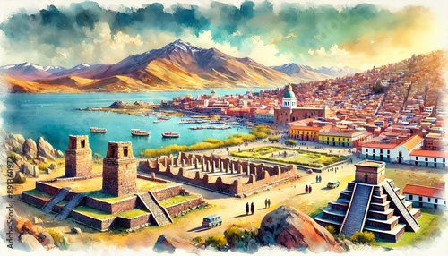 A vibrant watercolor painting of Bolivia's landmarks: Tiwanaku ruins, La Paz city, and Lake Titicaca.