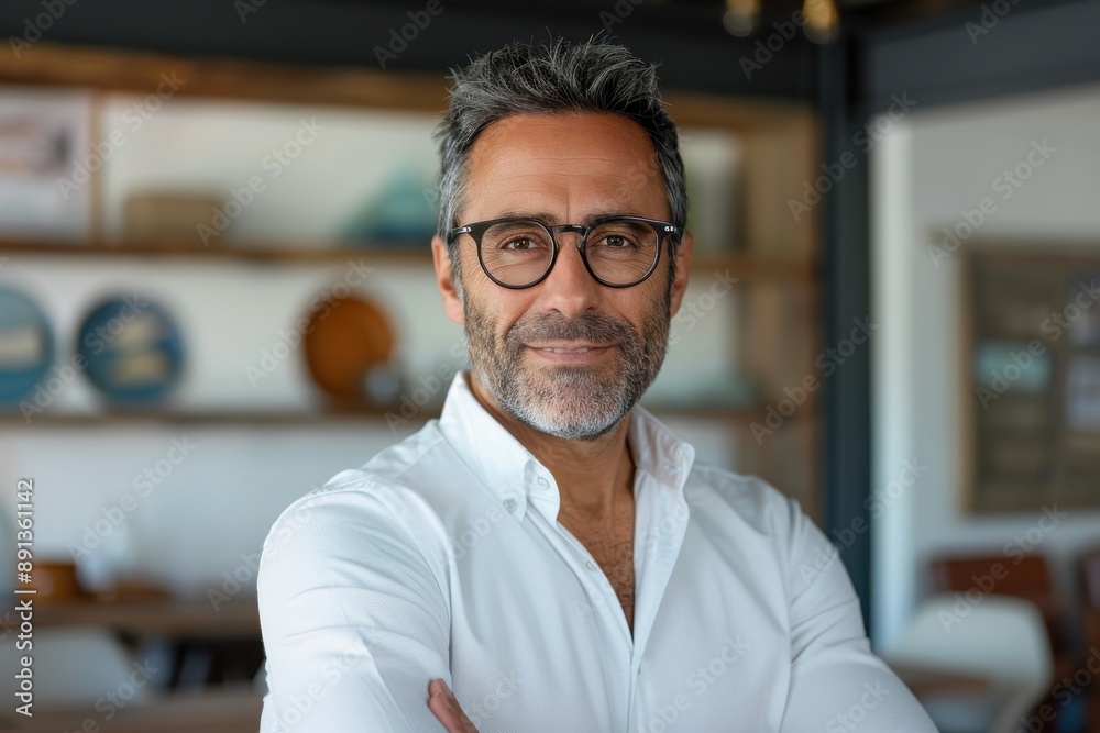 A man wearing glasses, dressed in a white shirt, standing confidently in an office environment with shelves and decor items in the background looking directly at camera. A man wearing glasses, dressed in a white shirt, standing confidently in an office environment with shelves and decor items in the background looking directly at camera.