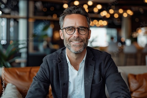 A smiling bearded man wearing glasses and casual yet formal attire, comfortably seated in a modern office space with warm lighting, looking directly at camera. © Milos
