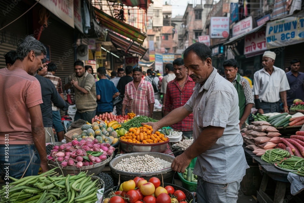 Obraz premium A lively street market scene with a vendor arranging various colorful fresh fruits and vegetables, while customers browse around looking at the produce on display.