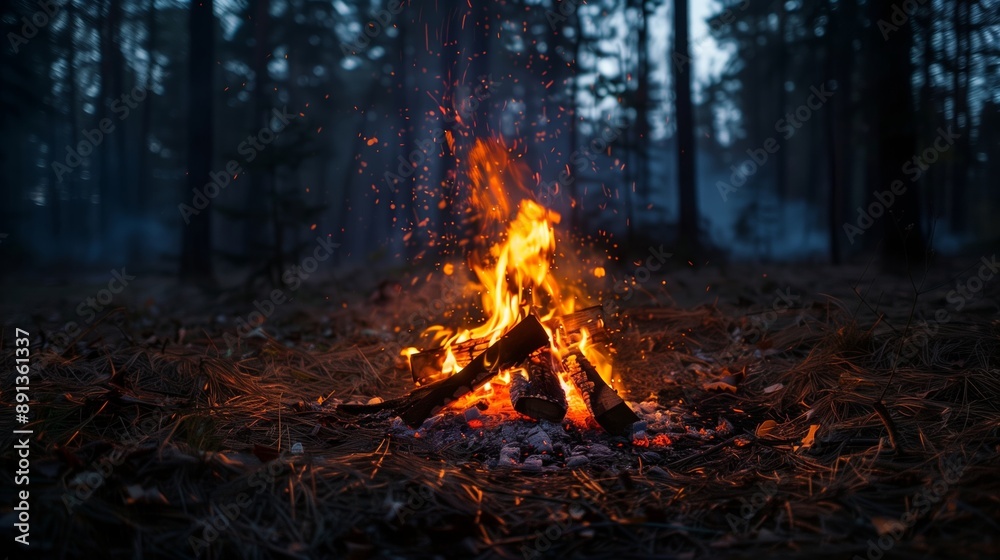 A Campfire Burning Brightly in a Forest at Night A Campfire Burning Brightly in a Forest at Night
