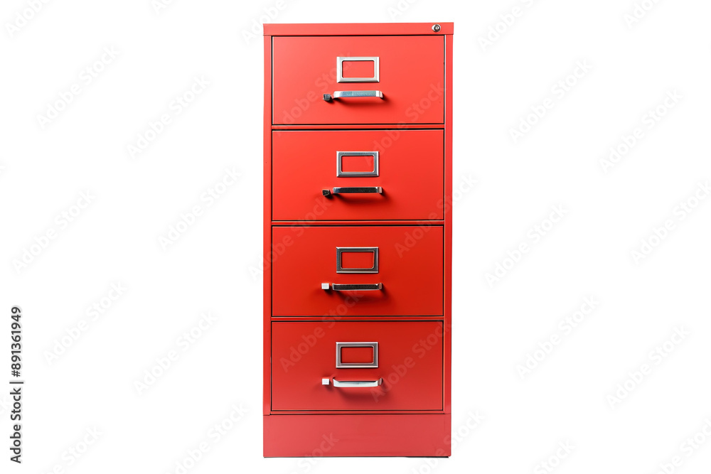 A Vibrant Red Four-Drawer Filing Cabinet Isolated Against a White Background on a Clear PNG or White Background. A Vibrant Red Four-Drawer Filing Cabinet Isolated Against a White Background on a Clear PNG or White Background.