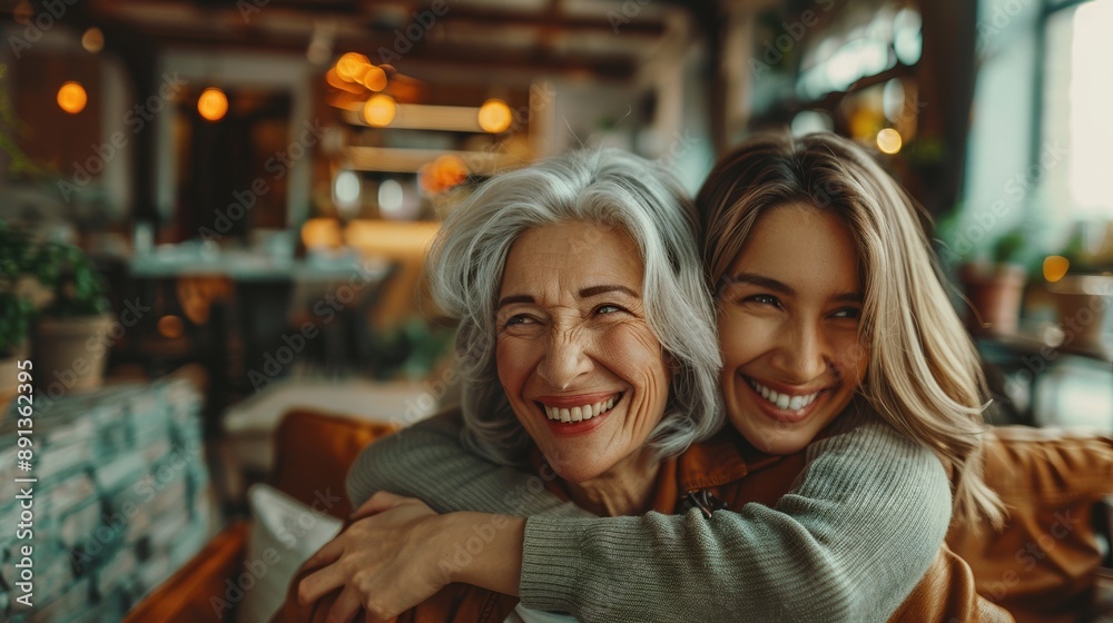 Two women are hugging each other in a restaurant Two women are hugging each other in a restaurant