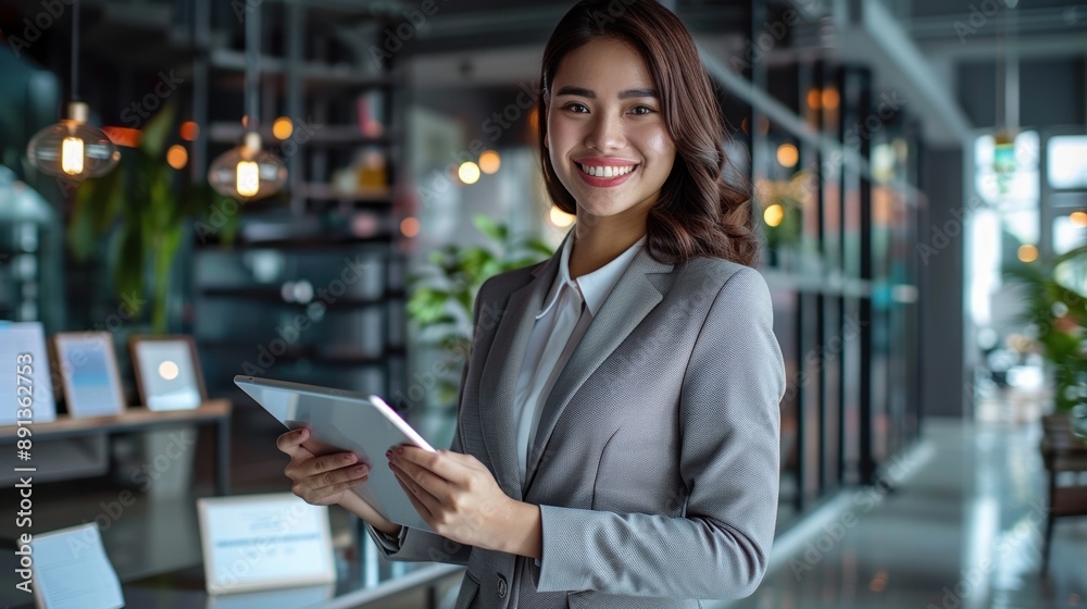 A woman in a business suit is holding a tablet in her hand A woman in a business suit is holding a tablet in her hand