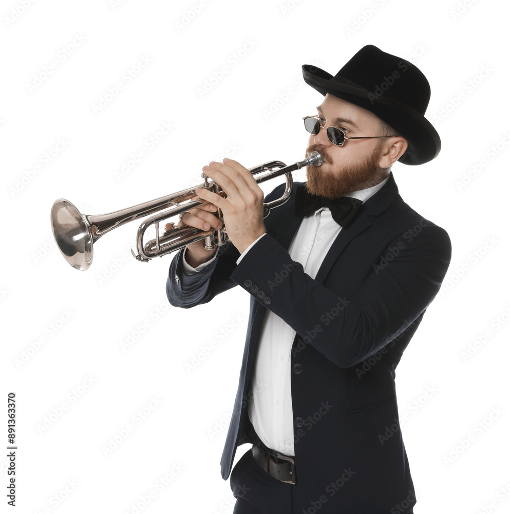 Obraz premium Handsome musician playing trumpet on white background