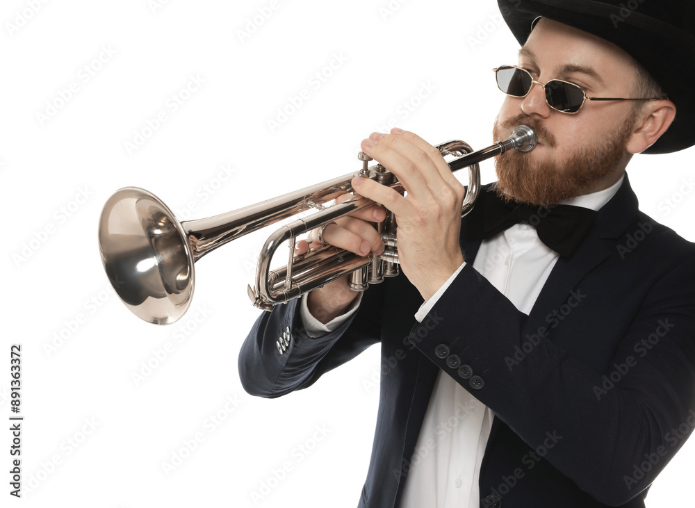 Obraz premium Handsome musician playing trumpet on white background