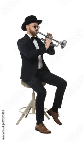 Photography Handsome musician playing trumpet on white background
