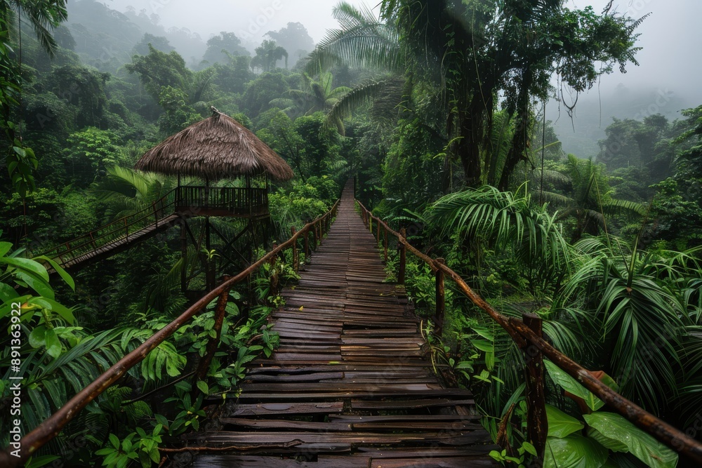 A rustic wooden bridge stretches into a dense tropical forest, leading towards a quaint thatched-roof hut, surrounded by lush vegetation and mist, inviting exploration. A rustic wooden bridge stretches into a dense tropical forest, leading towards a quaint thatched-roof hut, surrounded by lush vegetation and mist, inviting exploration.