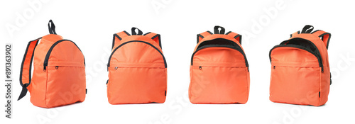 Bright orange backpack isolated on white, view from different sides