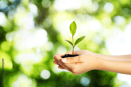 Woman holding soil with green plant in hands against blurred background. Environment protection