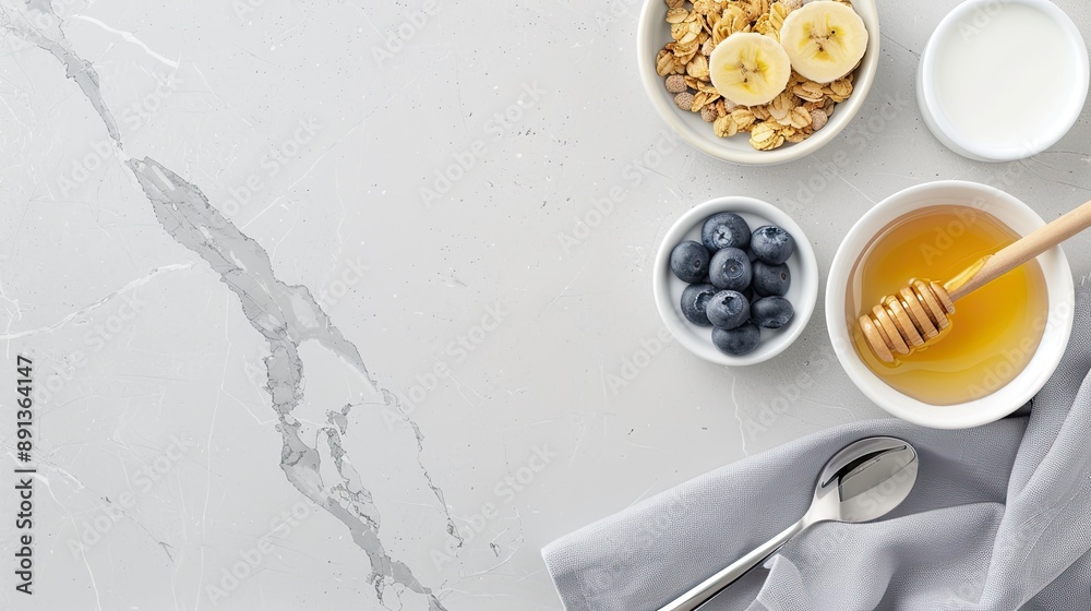 A bowl of yogurt topped with granola, banana slices, and blueberries, along with honey and a honey dipper