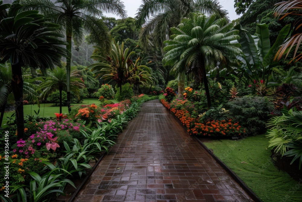 A brick pathway winds through a lush tropical garden filled with vibrant flowers and greenery, offering a sense of peace and natural beauty. A brick pathway winds through a lush tropical garden filled with vibrant flowers and greenery, offering a sense of peace and natural beauty.