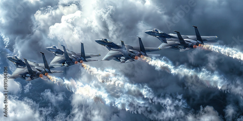Birds of a Feather: A formation of fighter jets in an aerial display, their wings locked in synchronized flight.