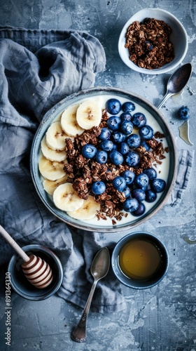 A bowl of yogurt topped with granola, banana slices, and blueberries, along with honey and a honey dipper