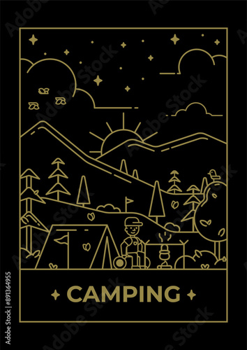 Line illustration of a campground against a mountain background for a t-shirt print. Illustration for clothing print.