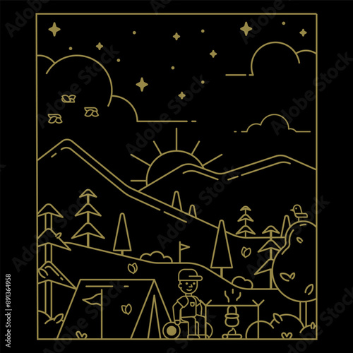 Line illustration of a campground against a mountain background for a t-shirt print. Illustration for clothing print.