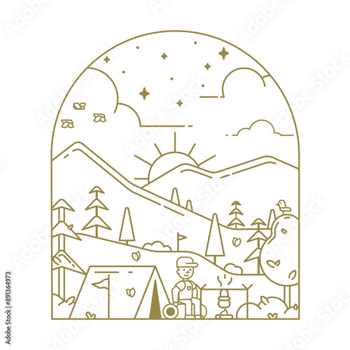 Line illustration of a campground against a mountain background for a t-shirt print. Illustration for clothing print.