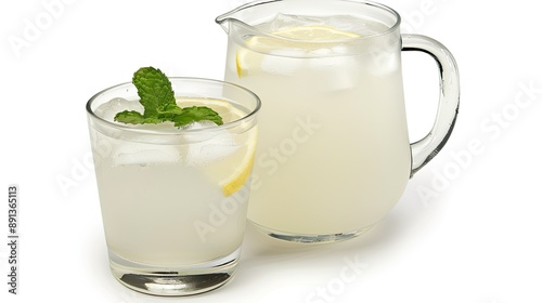 A glass of lemonade sits next to a pitcher of lemonade and several lemons, with green leaves in the foreground. The backdrop is a white