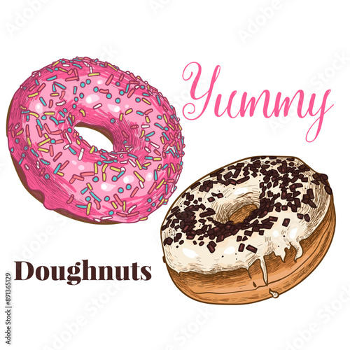 Vector hand drawn doughnuts with vanilla and fruit glazes and colorful and chocolate sprinkles on top. Easy to edit and use vector food assets. 