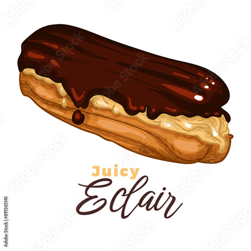 Hand drawn yummy creamy eclair with chocolate glaze and vanilla filling. Easy to edit and use vector food assets. 
