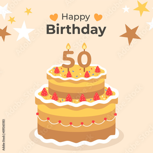Cake poster design for birthday cake congratulations 50 years old birthday. Festive cake for birthday