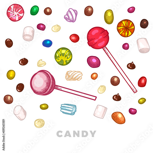 Hand drawn vector candies. Lollipops, gum, marshmallow with chocolate, vanilla, coffee, caramel and fruit flavors. Easy to edit and use vector food assets. 