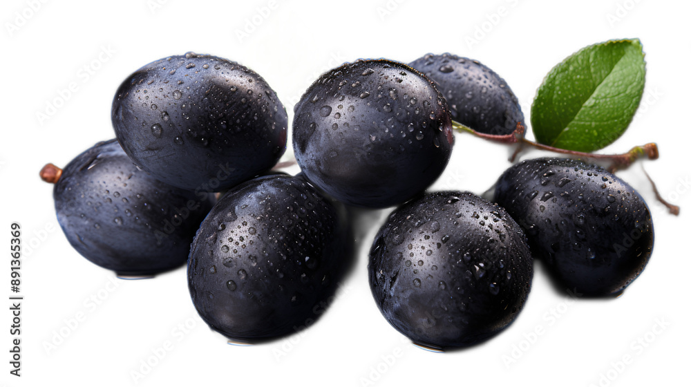 a bunch of black grapes with a green leaf