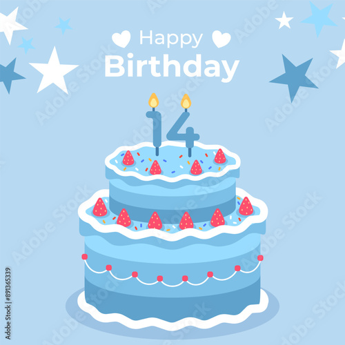 Cake poster design for birthday cake congratulations 14 years old birthday. Festive cake for birthday