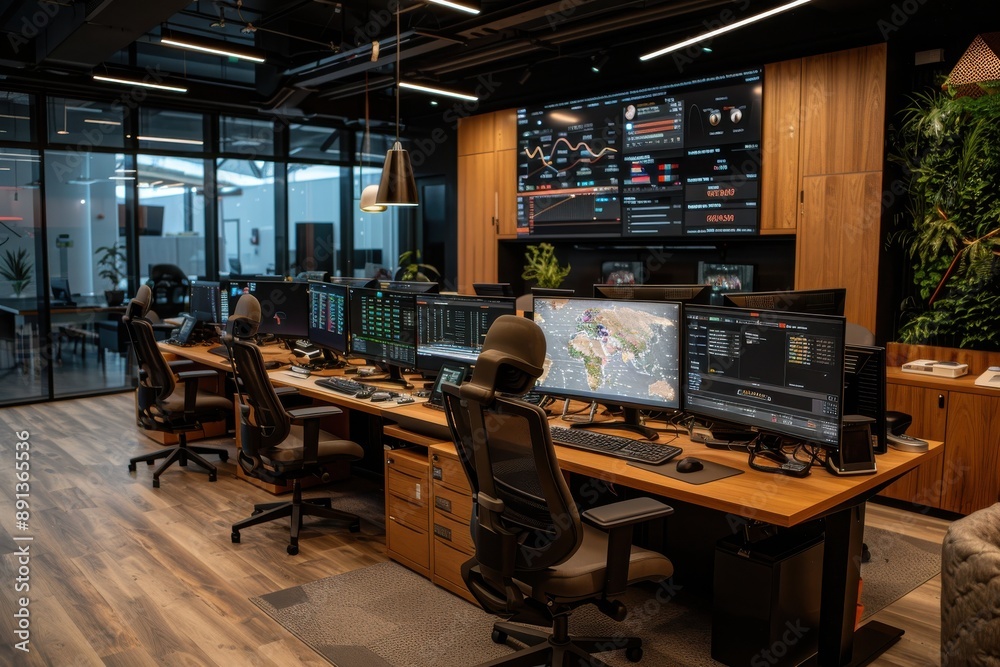 A trading office setup featuring multiple monitors displaying various analytics and stock information, surrounded by ergonomic chairs and wooden desks, promoting an efficient trading environment. A trading office setup featuring multiple monitors displaying various analytics and stock information, surrounded by ergonomic chairs and wooden desks, promoting an efficient trading environment.