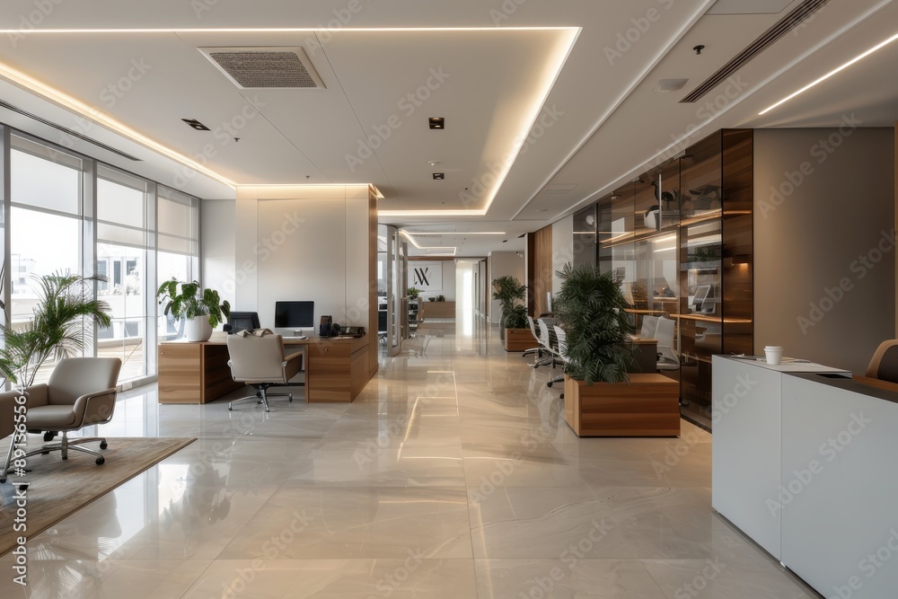 An executive office space featuring marble floors and sleek modern furniture, equipped with office desks and indoor plants, exuding a sophisticated and professional ambiance. An executive office space featuring marble floors and sleek modern furniture, equipped with office desks and indoor plants, exuding a sophisticated and professional ambiance.