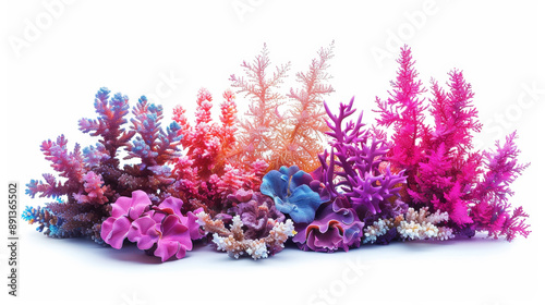 Aesthetic oceanic colorful fluorescent coral reef isolated on white background. Aquarium hobby. Generative AI photo