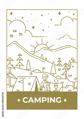 Line illustration of a campground against a mountain background for a t-shirt print. Illustration for clothing print.