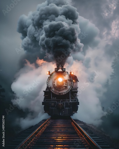 old train rail, locomotive emerging from steam and smoke