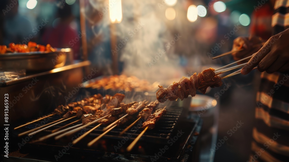 Street food vendor grilling meat skewers over hot coals at a night market, smoke rising from the grill Street food vendor grilling meat skewers over hot coals at a night market, smoke rising from the grill