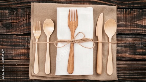 A wooden fork, knife, and spoon are arranged on a black background, with a yellow napkin tied with twine and topped with a sunflower