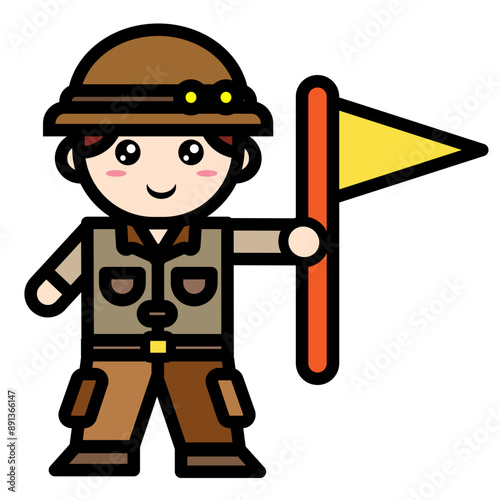 archaeological man holding a flag