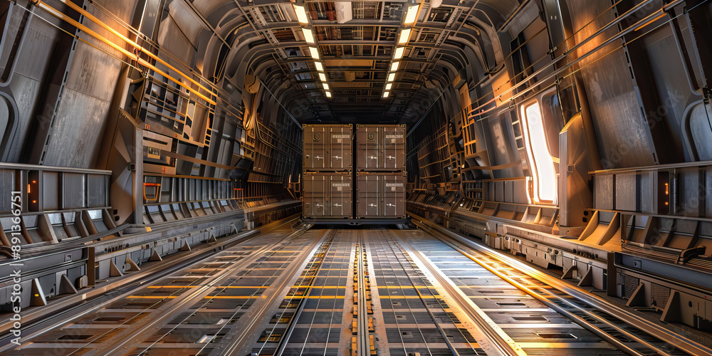 Cargo Conveyors: A cargo plane's ramp open, revealing stacked crates and pallets. Cargo Conveyors: A cargo plane's ramp open, revealing stacked crates and pallets.