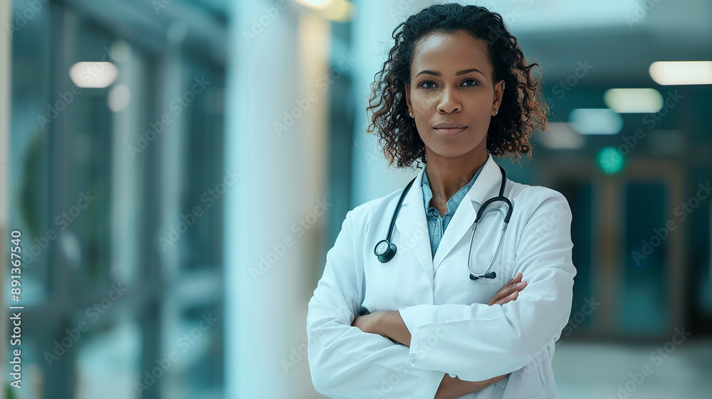 A confident female doctor in a white coat with a stethoscope stands in a hospital hallway, representing medical professionalism and expertise. A confident female doctor in a white coat with a stethoscope stands in a hospital hallway, representing medical professionalism and expertise.