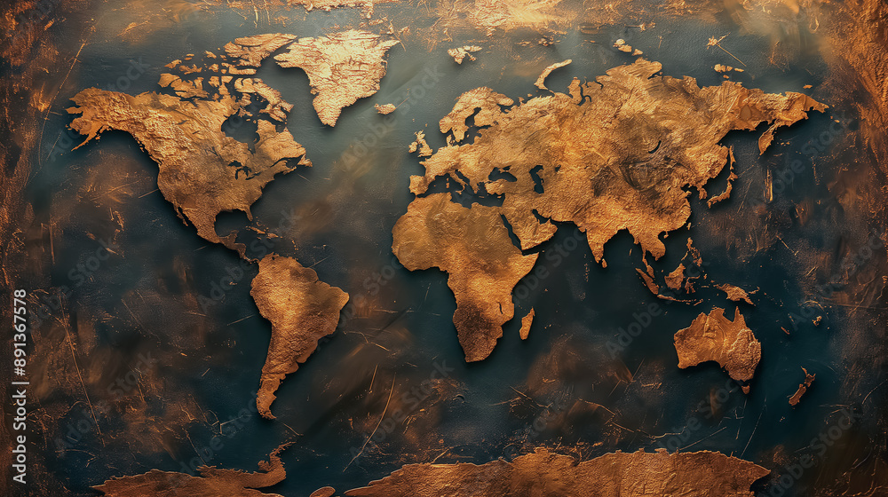 Naklejka premium Dotted world map in orange and gold, stylish and modern, perfect for innovative designs.