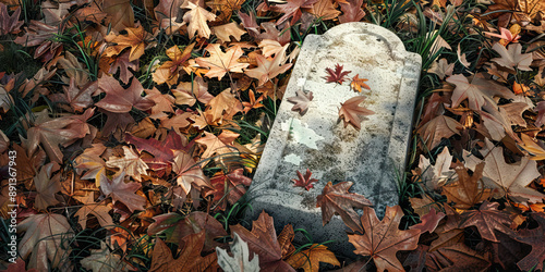 Mourning in Simple Tones: A plain white gravestone, surrounded by fallen autumn leaves photo