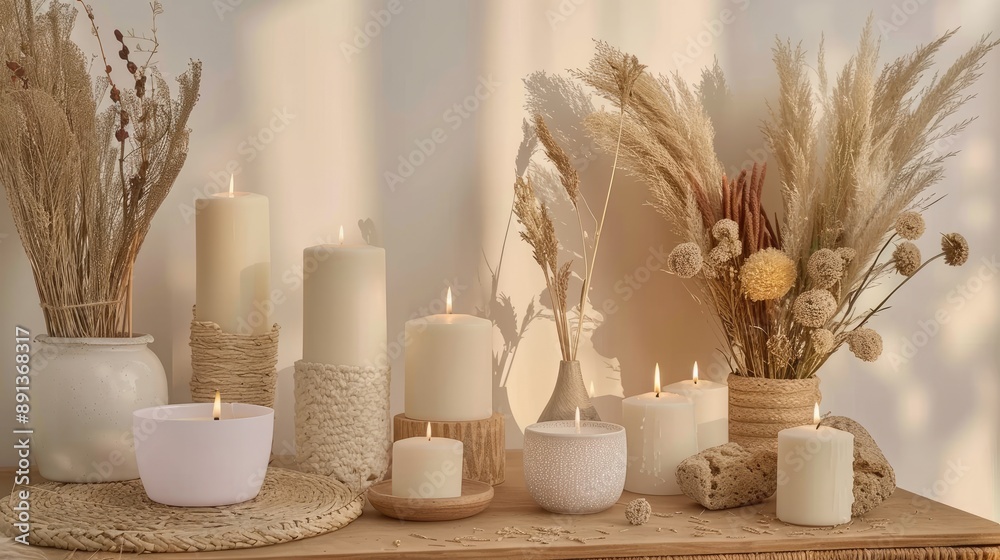 A table setting with a cup of coffee, cookies, and a vase of dried pampas grass