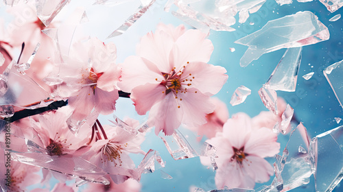 Cherry blossoms in bloom, symbolizing renewal and hope. Flowers with broken ice. Elegant pink petals in ice. Frosty natural winter or spring background