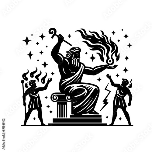 greek god of fire and blacksmithing Hephaestus illustration. black and white illustration of god Hephaestus no fill. Roman god Vulcan. Greek deity. Roman deity