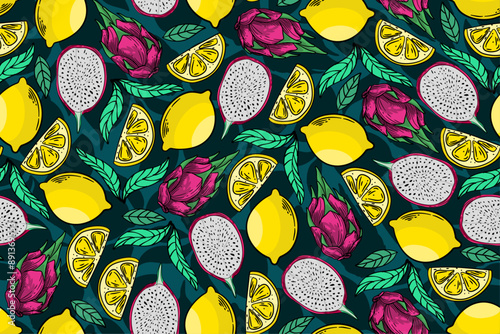 seamless pattern lemon and dragon fruit vector drawing