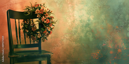 The Empty Chair: An empty dining chair, adorned with a wreath of flowers, facing an empty seat at the table.