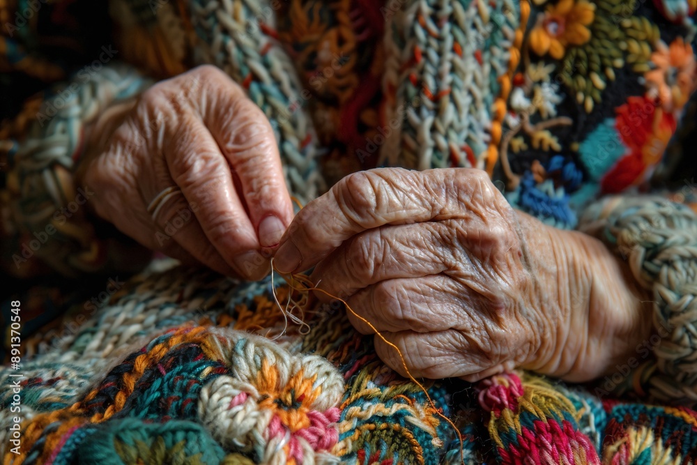 an old woman is knitting a piece of yarn an old woman is knitting a piece of yarn