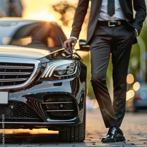 Professional driver near luxury car, closeup. Job ID: 105453c0-2aaf-4458-8f9e-b059f832e2ce